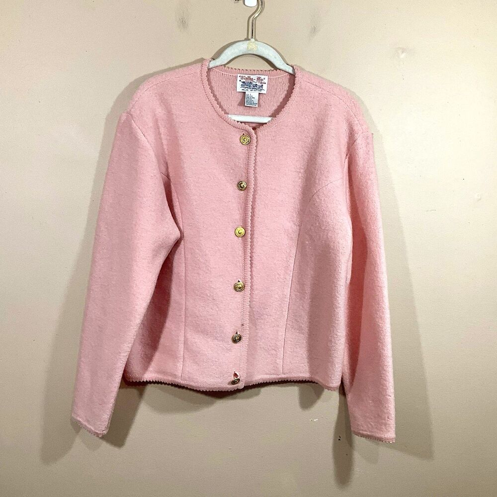 Vintage Tally-Ho Womens Wool Cardigan L Pink Preppy Old Money Buttons Classic